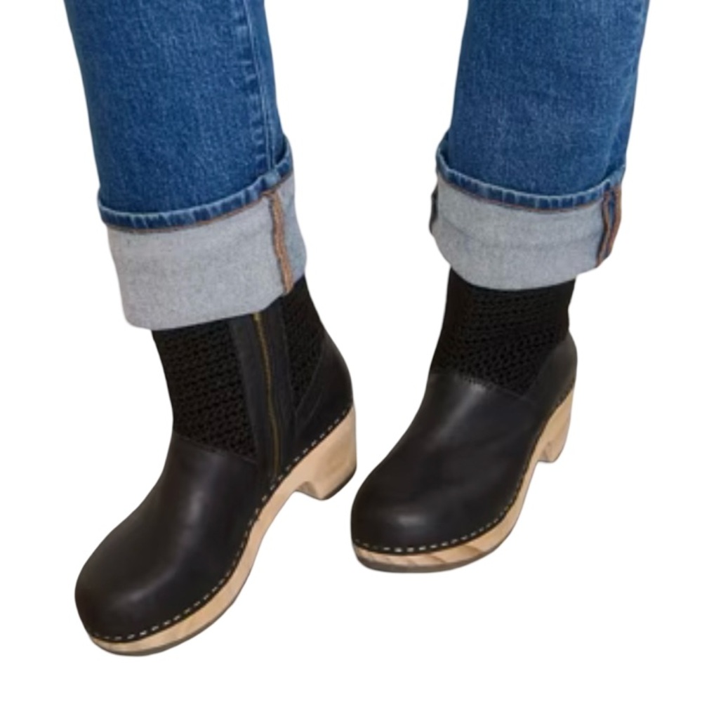 The Sak Black Leather Clogs with Natural Wooden Sole